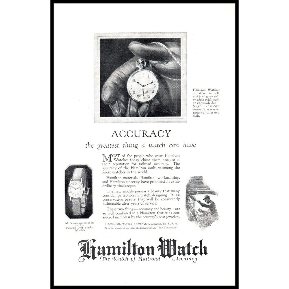 1924 Hamilton Pocket Watch Vintage Print Ad Leather Gloves Railroad Wall Art